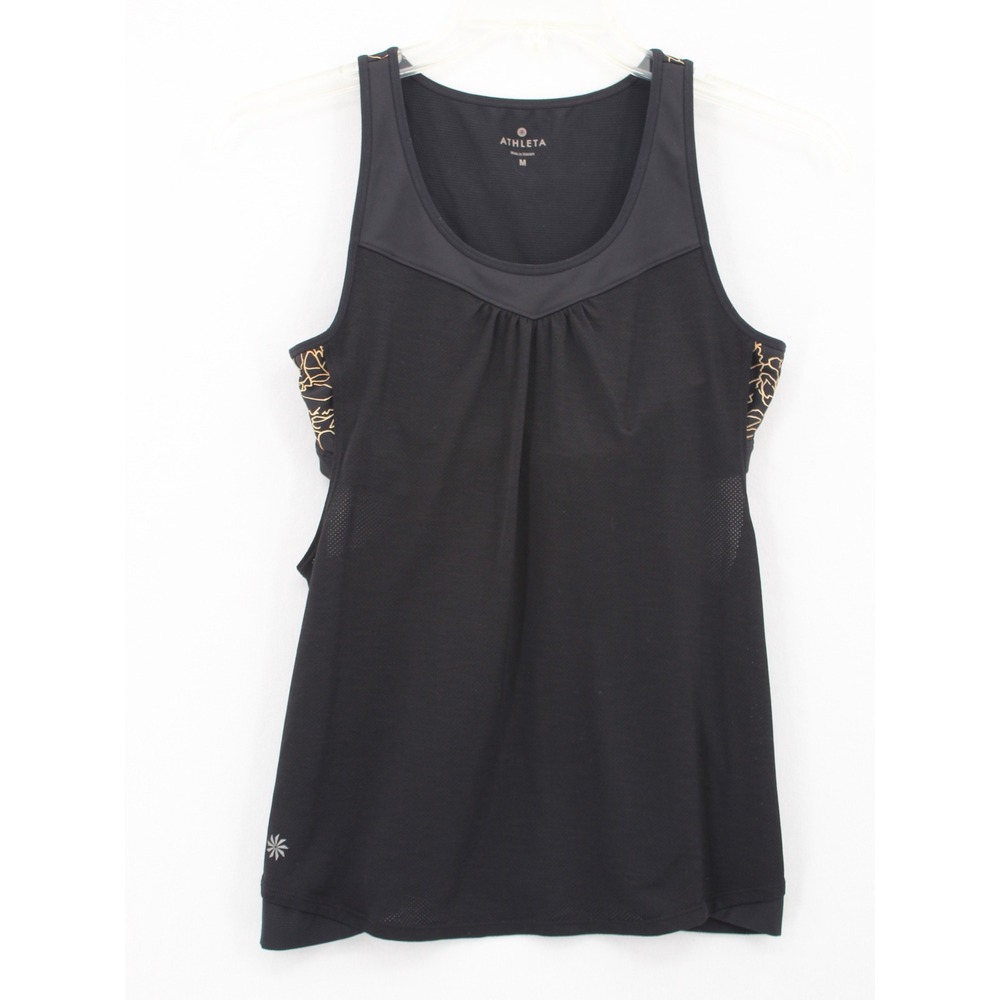 Athleta Tank Top Size M Black Gold Floral Built-In Bra Mesh Open Back Yoga Gym